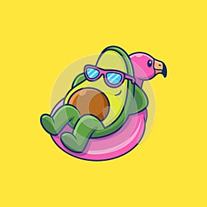 Cute Avocado Relax on Flamingo Tires with Cute Pose. Fruit Vector Icon Illustration, Isolated on Premium Vector