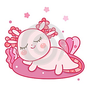 Cute axolotl cartoon sleep posture in pastel color, baby amphibian drawing