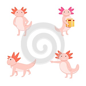 Cute axolotl icons set cartoon vector. Pink cartoon axolotl