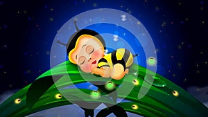 Cute babies bee cartoon sleep on leaves and beautiful fireflies in the night at the full sky, loop video background to put a baby