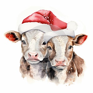 Cute babies Cow in Red Santa Hat isolated on white background