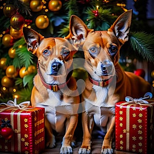 Cute babies, dogs and puppies with gifts on a festive background. Christmas background with cute animals