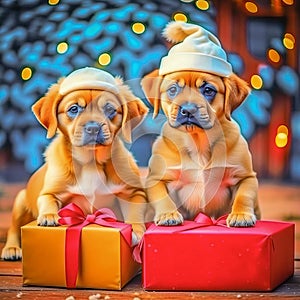 Cute babies, dogs and puppies with gifts on a festive background. Christmas background with cute animals