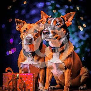 Cute babies, dogs and puppies with gifts on a festive background. Christmas background with cute animals