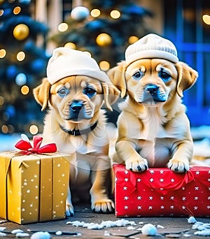 Cute babies, dogs and puppies with gifts on a festive background. Christmas background with cute animals