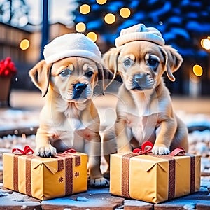 Cute babies, dogs and puppies with gifts on a festive background. Christmas background with cute animals