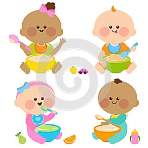 Cute babies eating baby food in bowls. Toddler baby boys and girls eating cereal. Vector illustration