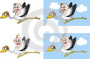 Cute Babies Flying On Top Of A Stork Cartoon Characters. Vector Hand Drawn Collection Set