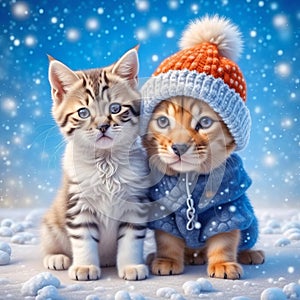 Cute babies, kittens and puppies in knitted hats on a snowy background. Christmas background with cute animals