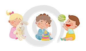 Cute babies playing toys set. Lovely toddler boy and girl with bunny, pyramid and ball cartoon vector illustration