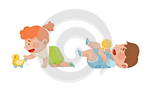 Cute babies playing toys set. Lovely toddler boy and girl playing with dusk on wheels and rattle cartoon vector