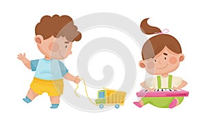 Cute babies playing toys set. Lovely toddler boy and girl playing with truck and piano cartoon vector illustration