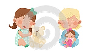 Cute babies playing toys set. Lovely toddler girls hugging teddy bear and doll cartoon vector illustration