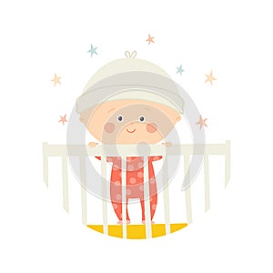 Cute Baby 1 year old standing in Crib. Baby shower design element.