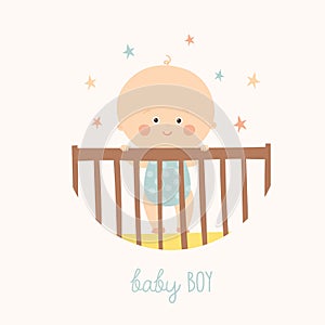 Cute Baby 1 year old standing in Crib. Baby shower design element.