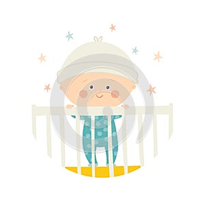 Cute Baby 1 year old standing in Crib. Baby shower design element.