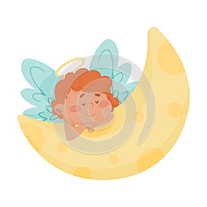 Cute Baby Angel with Gold Nimbus and Wings Sleeping on Crescent Vector Illustration