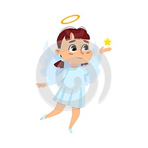 Cute Baby Angel Holding Star, Angelic Girl with Wings and Halo Cartoon Style Vector Illustration