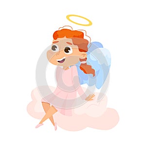 Cute Baby Angel Sitting on Cloud, Angelic Girl with Wings and Halo Cartoon Style Vector Illustration