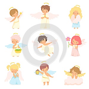 Cute Baby Angels with Nimbus and Wings Set, Adorable Boys And Girls Cartoon Characters in Cupid or Cherub Costumes