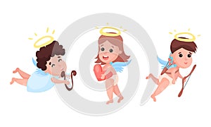 Cute Baby Angels with Nimbus and Wings Vector Set