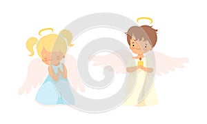 Cute Baby Angels with Nimbus and Wings Vector Set