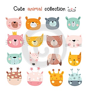 Cute baby animal with face cartoon hand drawn style.vector photo