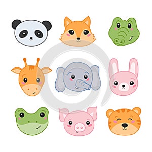 Cute baby animal with face cartoon. Vector illustration in hand-drawn style.