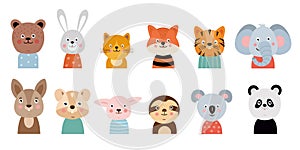 Cute baby animal face, kid zoo and wildlife, characters. Elephant, cat and koala heads, nursery wall art, birthday