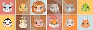 Cute baby animal faces. Animals emoticons, funny lion giraffe cat red fox. Cartoon childish stickers vector set