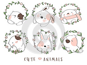 Cute baby animal with flower border cartoon hand drawn style