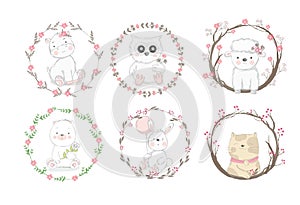 Cute baby animal with flower border cartoon hand drawn style,for printing,card, t shirt,banner,product.vector