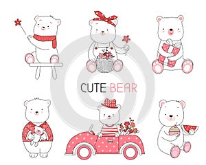 Cute baby animal with flower,car, cartoon hand drawn style,for printing,card, t shirt,banner,product.vector