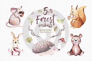 Cute baby animal nursery mouse, rabbit and bear isolated illustration for children. Watercolor boho forest drawing