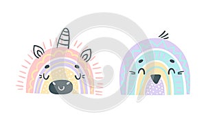 Cute baby animal portraits. Adorable animal faces of bird and unicorn cartoon vector illustration