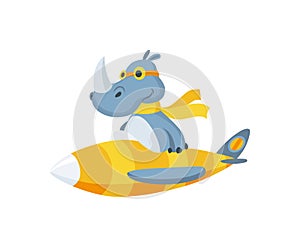 Cute baby animal rhinoceros with glasses on airplane. Funny and happy pilot flying on plane. Cartoon vector character