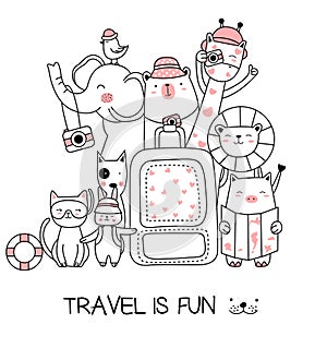 Cute baby animal with travel cartoon hand drawn style,for printing, t shirt, banner