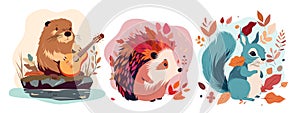 Cute baby animals in autumn nature set, funny portraits of beaver, squirrel and hedgehog