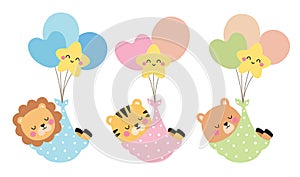 Cute Baby Animals with Balloons. Baby Shower Vector Illustration.