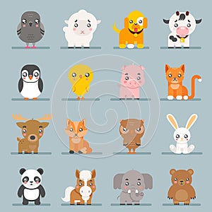 Cute baby animals cartoon cubs flat design icons set character vector illustration