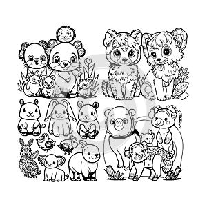 Cute Baby Animals Coloring Pages Line Art Vector
