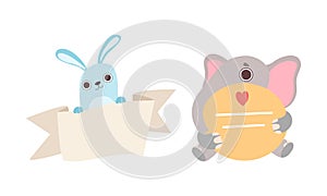 Cute Baby Animals Holding Blank Signs Set, Adorable Bunny and Elephant Showing Banners Cartoon Vector Illustration