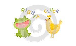 Cute baby animals making sounds set. Frog and hen saying ribbit and cluck vector illustration