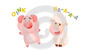 Cute baby animals making sounds set. Pig and sheep saying oink and baa vector illustration photo