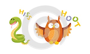Cute baby animals making sounds set. Snake and owl saying hiss and hoot vector illustration photo
