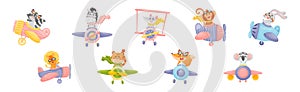 Cute Baby Animals Pilot Flying Plane Vector Set