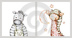 cute baby animals. portrait of giraffe and zebra. set of posters for the nursery. watercolor illustration.