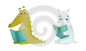 Cute baby animals reading books set. Crocodile, hippo sitting with book cartoon vector illustration