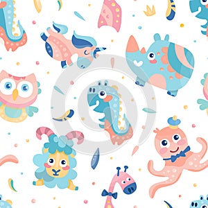 Cute baby animals seamless pattern. Childish background, textile, wallpaper, cover, banner, wrapping paper design vector