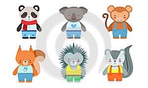 Cute Baby Animals Set, Panda, Koala, Monkey, Fox, Hedgehog, Badger Vector Illustration